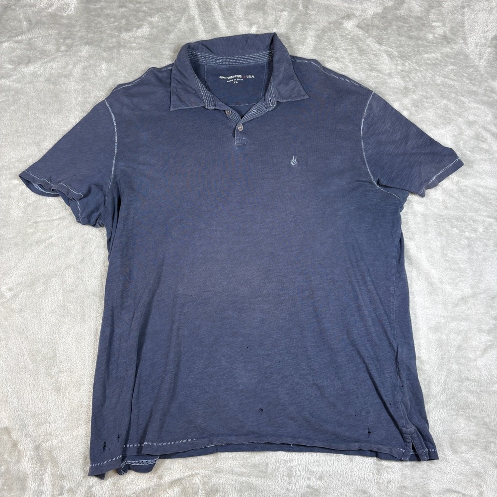 John Varvatos Polo Shirt Men XL Blue Peace Sign SS Distressed Rock N Roll